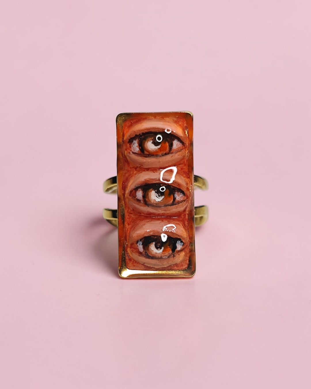 Three Eyes Ring – Handmade Clay & Resin Surreal Statement Jewelry with Adjustable Stainless Steel Band