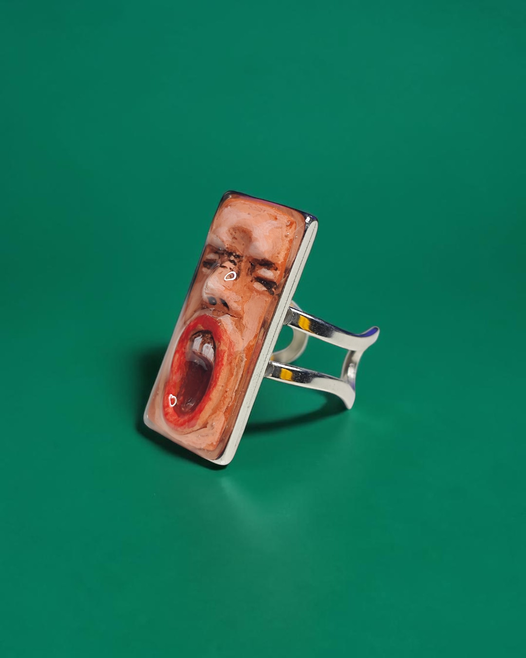 Shouting Face Ring – Handmade Clay & Resin Expressionist Statement Jewelry with Adjustable Stainless Steel Band
