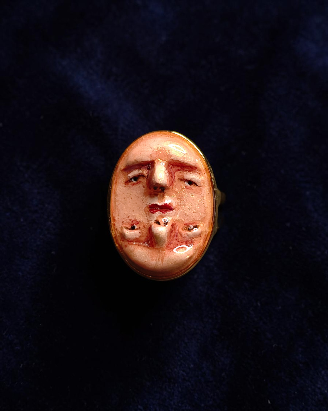 Double Upside Down Face Ring – Handmade Clay & Resin Surreal Statement Jewelry with Adjustable Stainless Steel Band