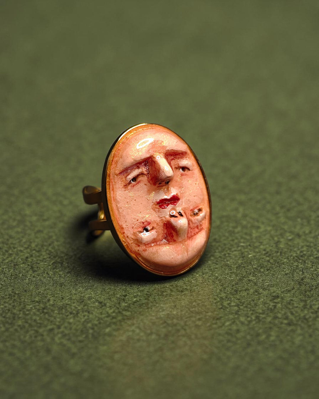 Double Upside Down Face Ring – Handmade Clay & Resin Surreal Statement Jewelry with Adjustable Stainless Steel Band