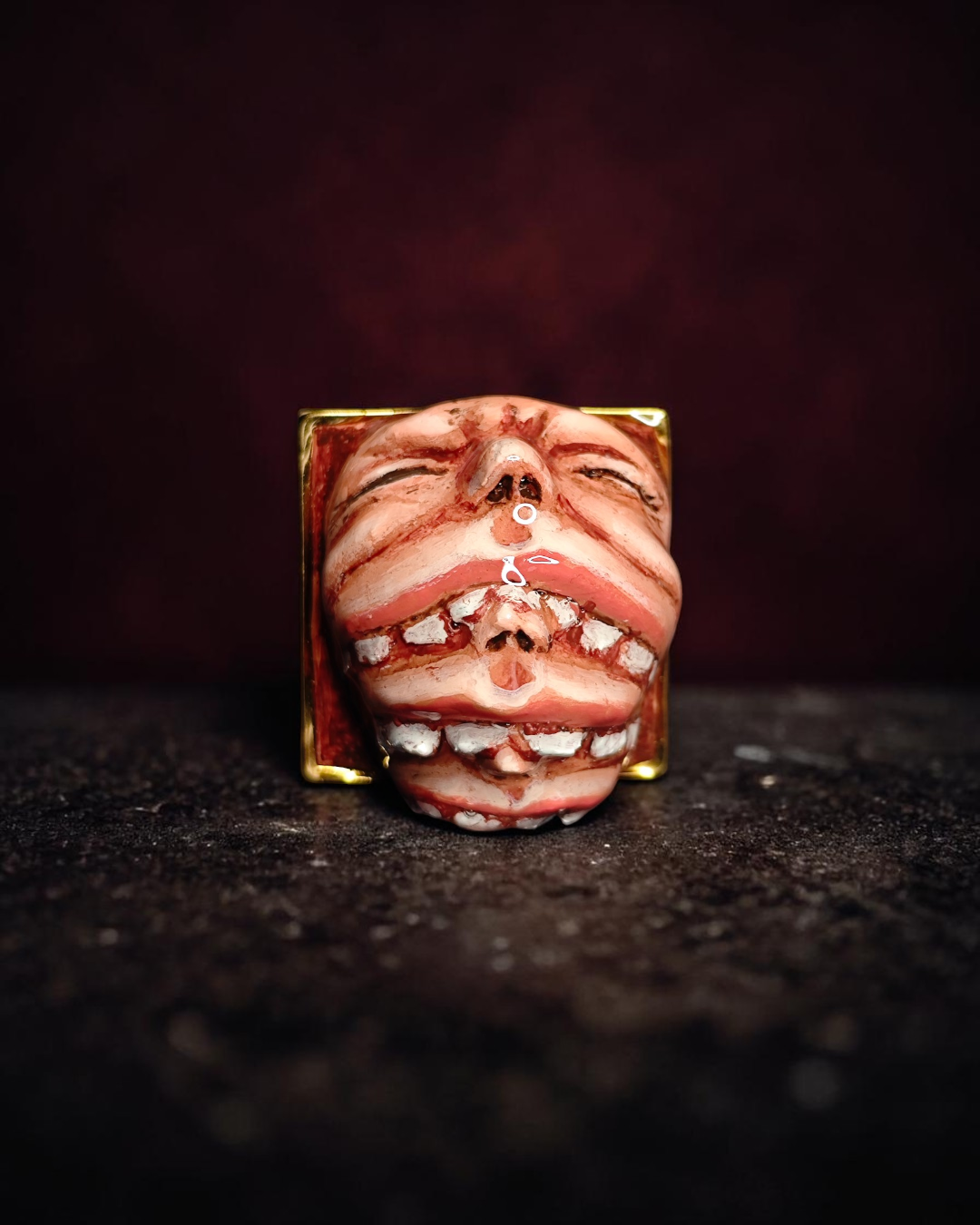 Three Faces Eating Each Other Ring – Handmade Clay & Resin Surreal Statement Jewelry with Adjustable Stainless Steel Band