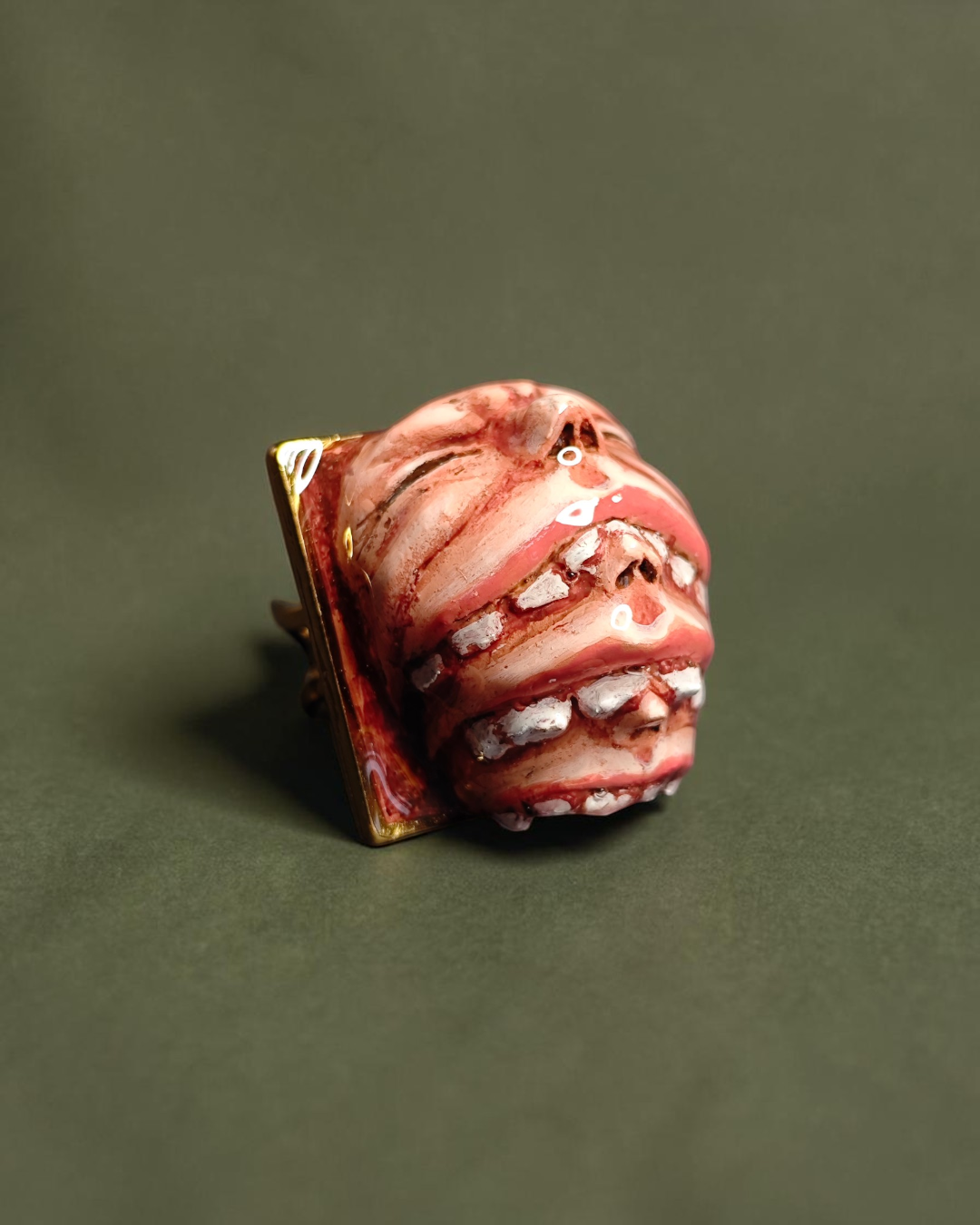 Three Faces Eating Each Other Ring – Handmade Clay & Resin Surreal Statement Jewelry with Adjustable Stainless Steel Band