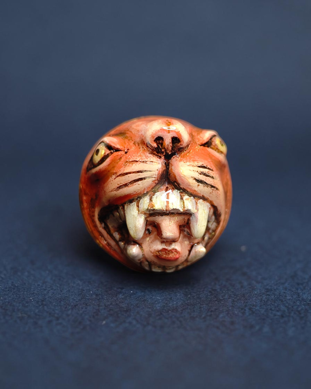 Head in Tiger’s Mouth Ring – Handmade Clay & Resin Surreal Statement Jewelry with Adjustable Stainless Steel Band