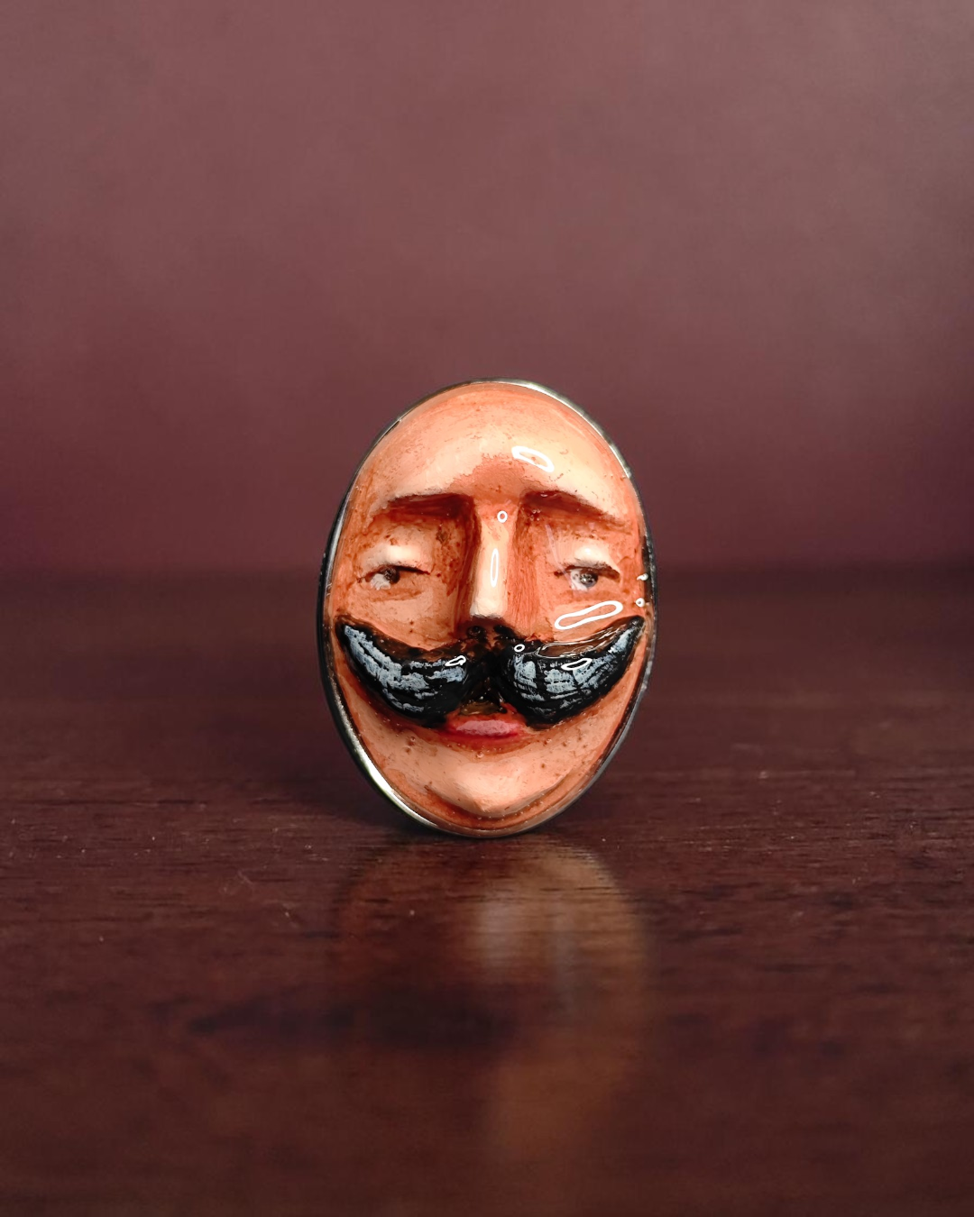 Man with Mustache Ring – Handmade Clay & Resin Surreal Statement Jewelry with Adjustable Stainless Steel Band