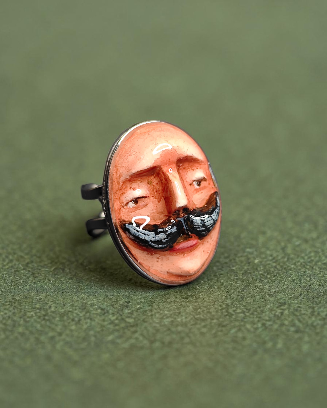 Man with Mustache Ring – Handmade Clay & Resin Surreal Statement Jewelry with Adjustable Stainless Steel Band