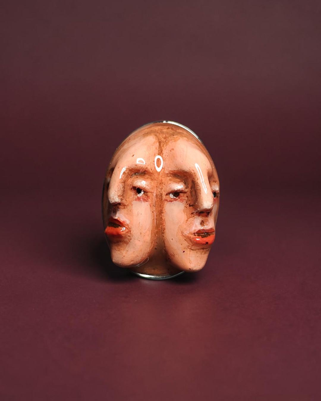 Double Face Ring – Handmade Clay & Resin Surreal Statement Jewelry with Adjustable Stainless Steel Band