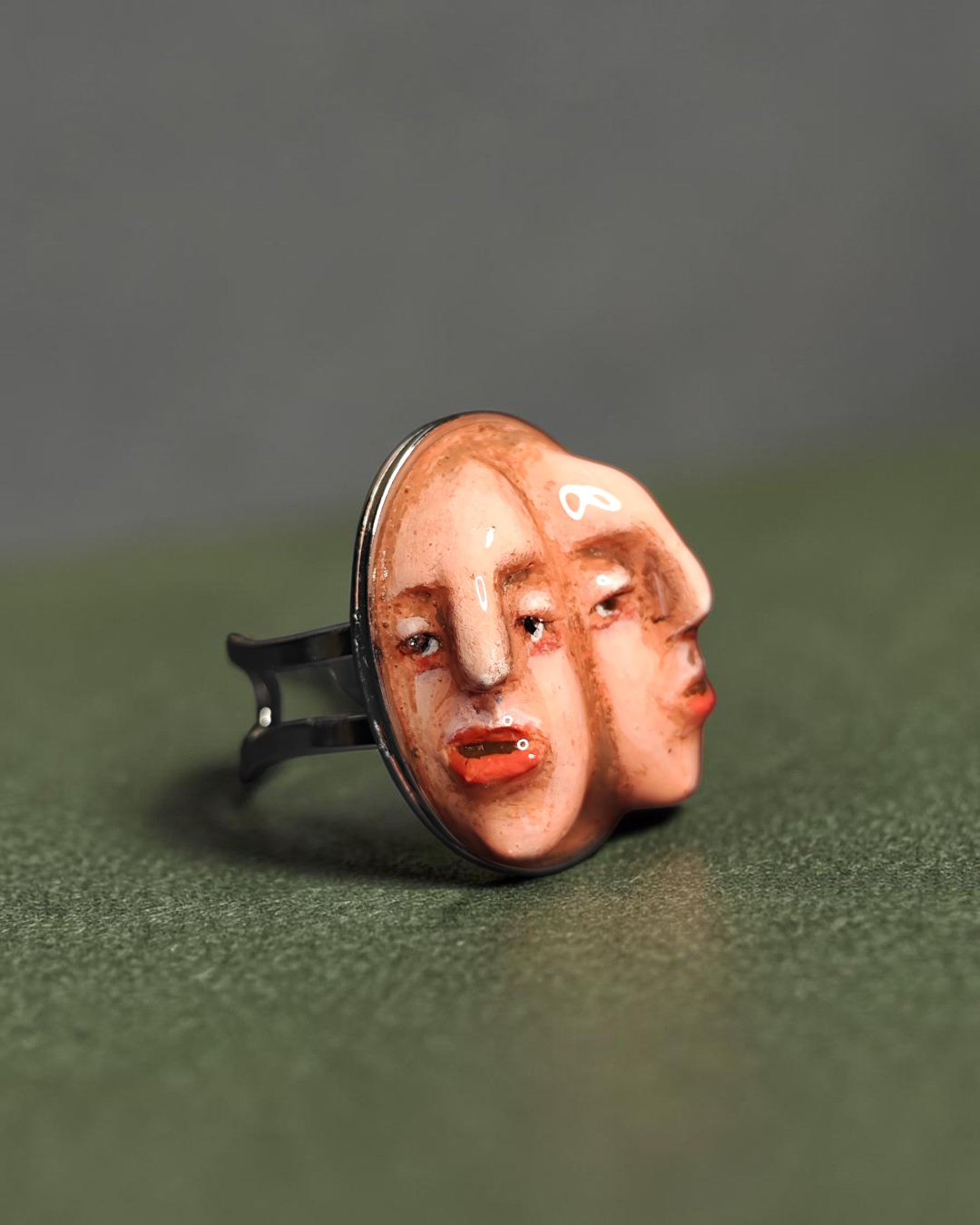 Double Face Ring – Handmade Clay & Resin Surreal Statement Jewelry with Adjustable Stainless Steel Band