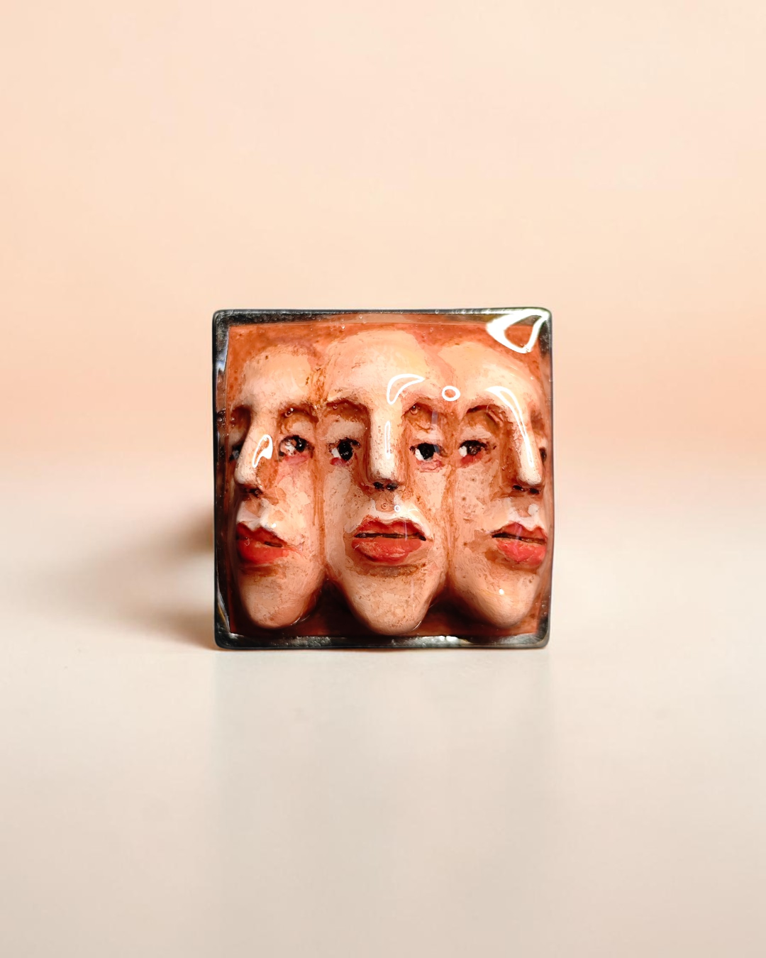Triple Face Ring – Handmade Clay & Resin Surreal Statement Jewelry with Adjustable Stainless Steel Band