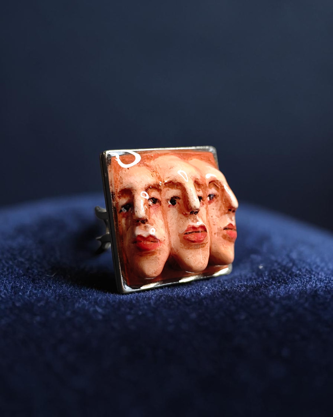 Triple Face Ring – Handmade Clay & Resin Surreal Statement Jewelry with Adjustable Stainless Steel Band