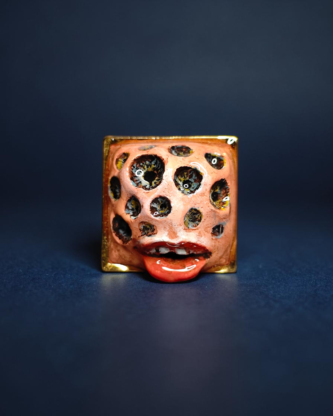 Hole Face Monster Ring – Handmade Clay & Resin Surreal Statement Jewelry with Adjustable Stainless Steel Band