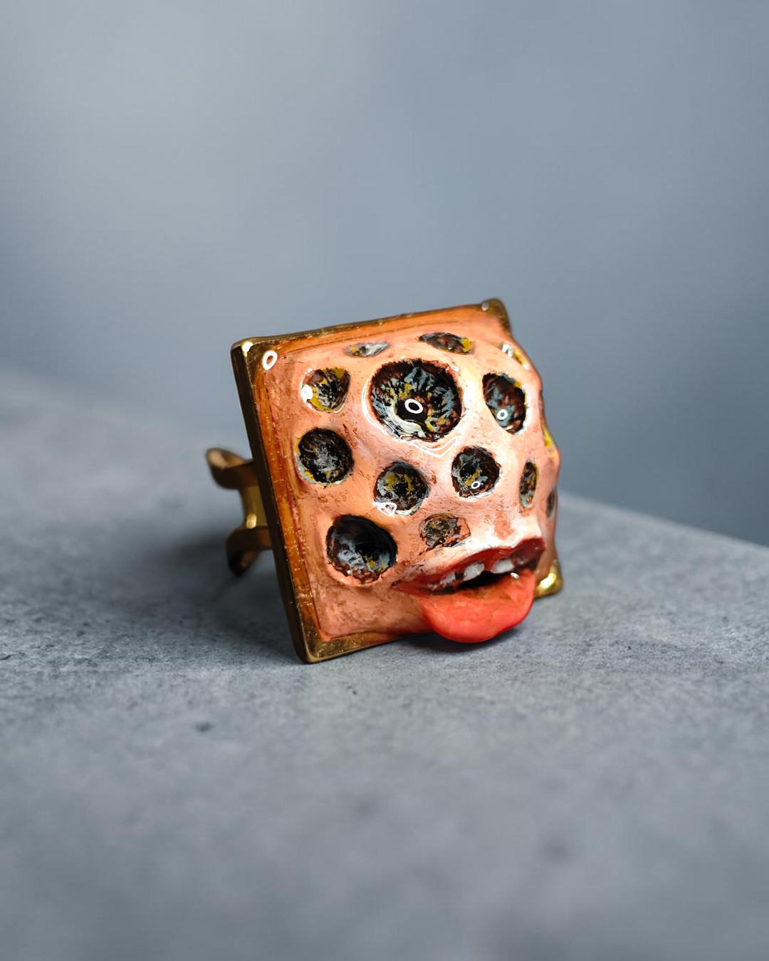 Hole Face Monster Ring – Handmade Clay & Resin Surreal Statement Jewelry with Adjustable Stainless Steel Band