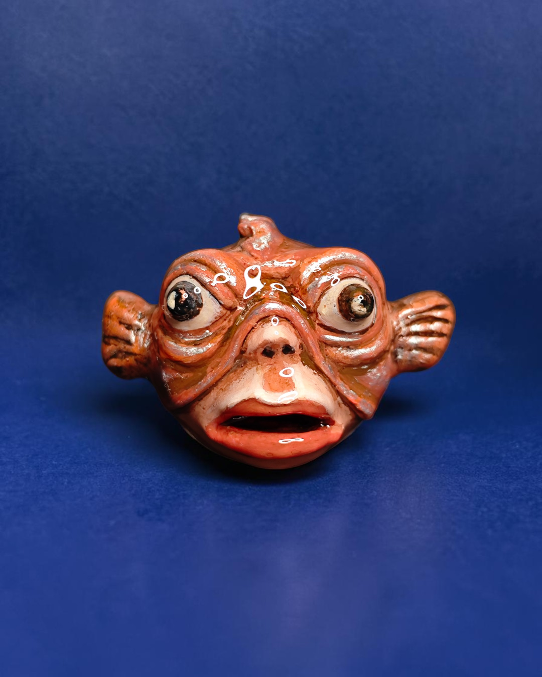 Face with Fish Mask Ring – Handmade Clay & Resin Surreal Statement Jewelry with Adjustable Stainless Steel Band