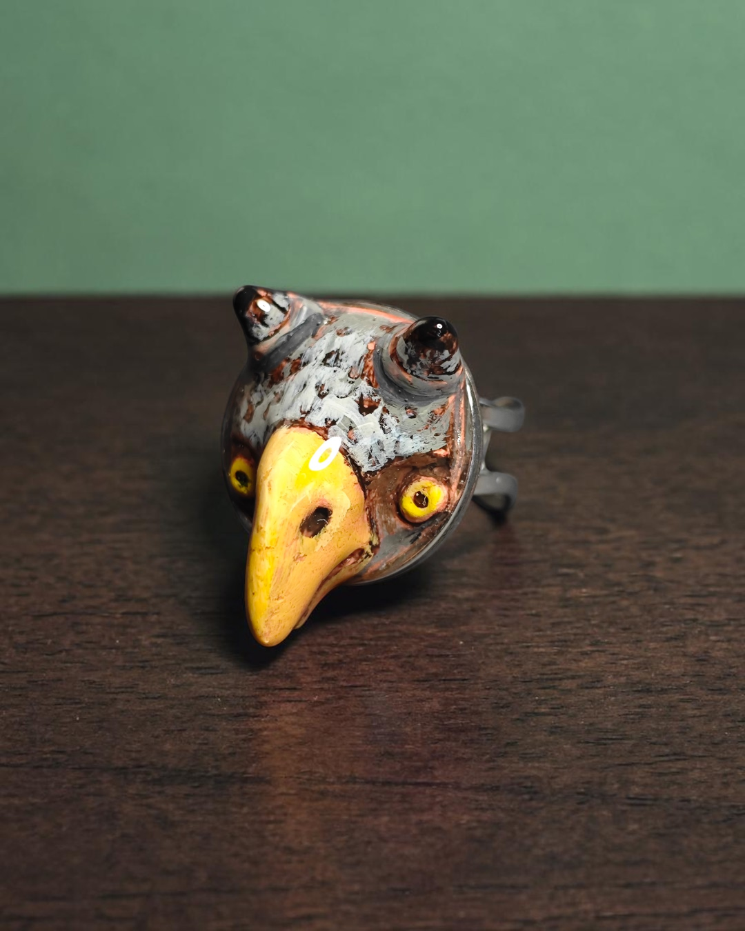 Owl Chimera Ring – Handmade Clay & Resin Surreal Statement Jewelry with Adjustable Stainless Steel Band