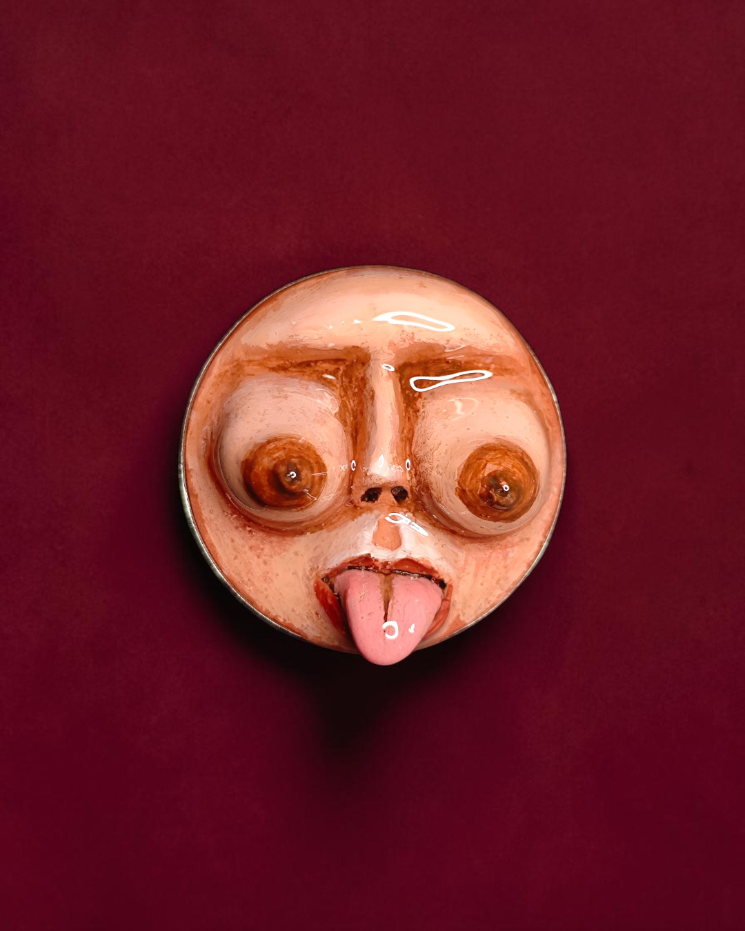Feminine Body Form with Tongue Out Pin Button – Handmade Clay & Resin Surreal Wearable Art with Stainless Steel Pin Back