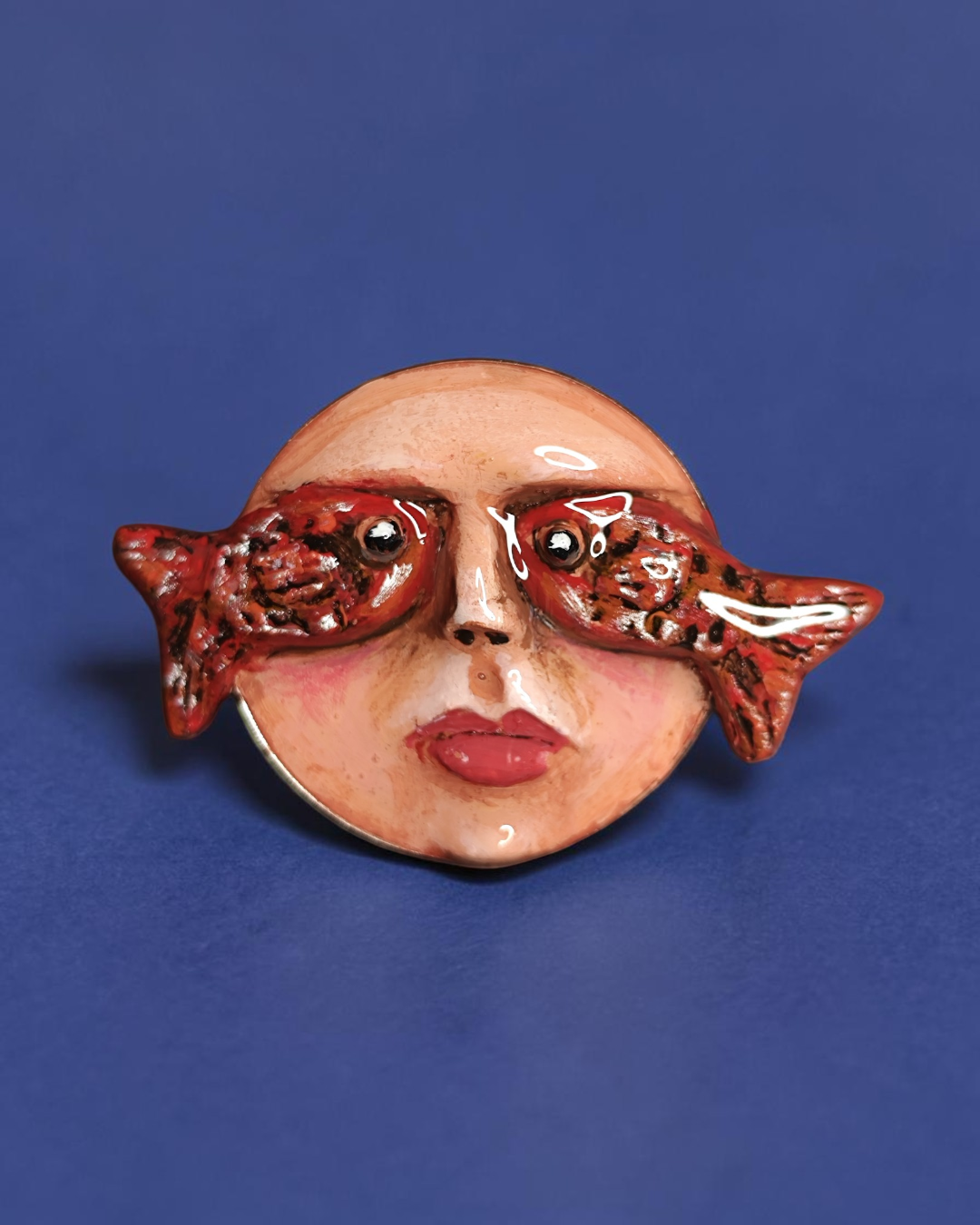 Face with Fish Eyes Pin Button – Handmade Clay & Resin Surreal Wearable Art with Stainless Steel Pin Back