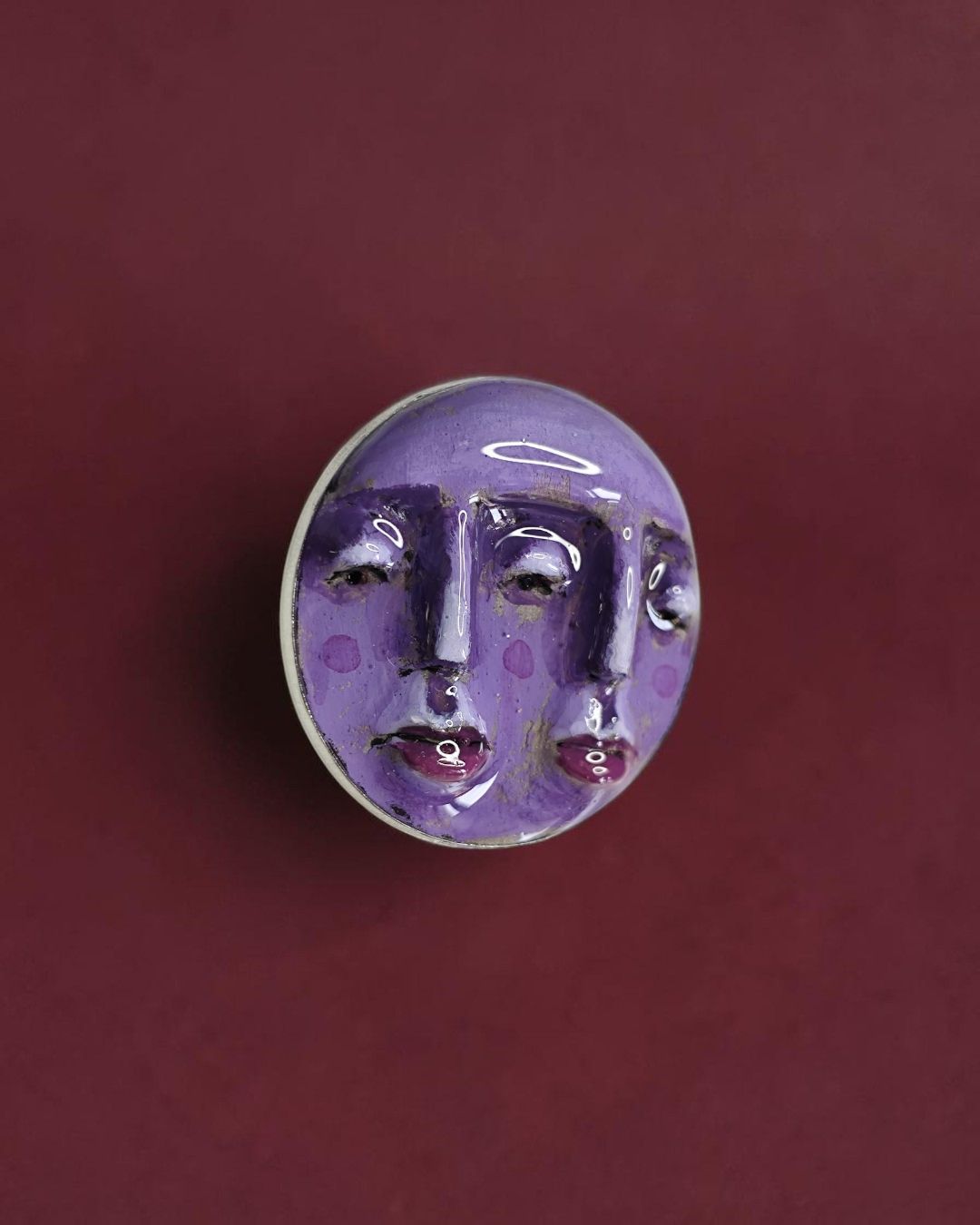 Purple Double Face Pin Button – Handmade Clay & Resin Surreal Wearable Art with Stainless Steel Pin Back