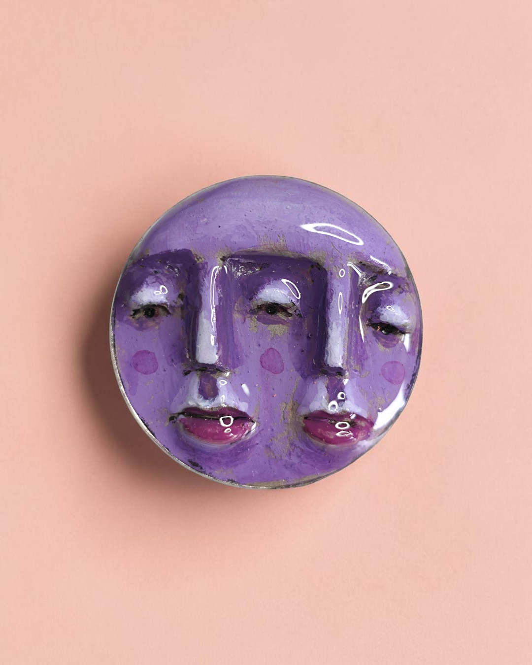 Purple Double Face Pin Button – Handmade Clay & Resin Surreal Wearable Art with Stainless Steel Pin Back