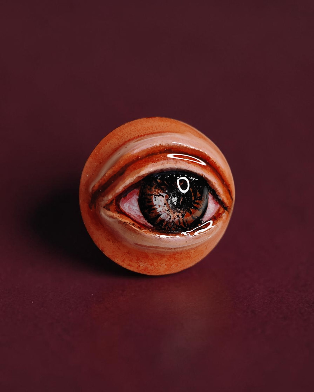 Eye Pin Button – Handmade Clay & Resin Surreal Wearable Art with Stainless Steel Pin Back