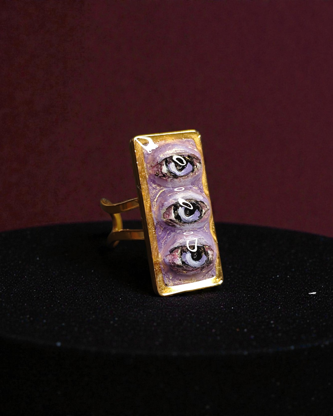 Purple Three Eyes Ring – Handmade Clay & Resin Surreal Statement Jewelry with Adjustable Stainless Steel Band