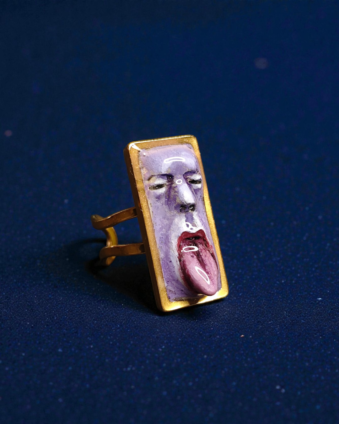 Purple Tongue Out Face Ring – Handmade Clay & Resin Surreal Statement Jewelry with Adjustable Stainless Steel Band