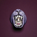 Head in Purple Tiger’s Mouth Pin Button – Handmade Clay & Resin Surreal Wearable Art with Stainless Steel Pin Back