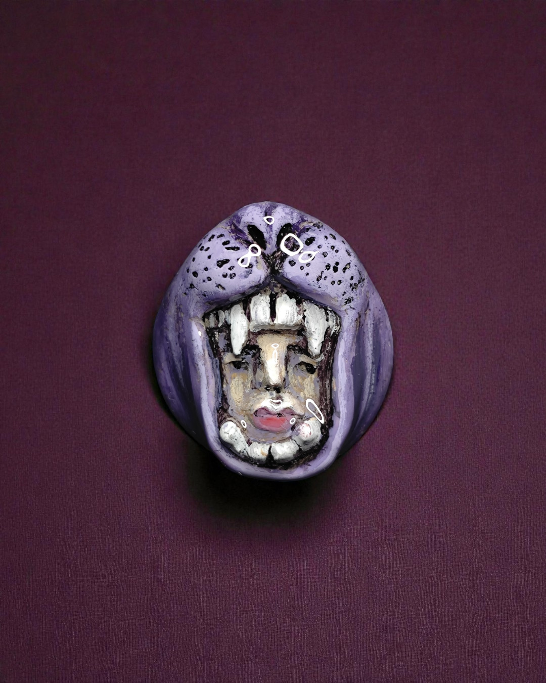 Head in Purple Tiger’s Mouth Pin Button – Handmade Clay & Resin Surreal Wearable Art with Stainless Steel Pin Back