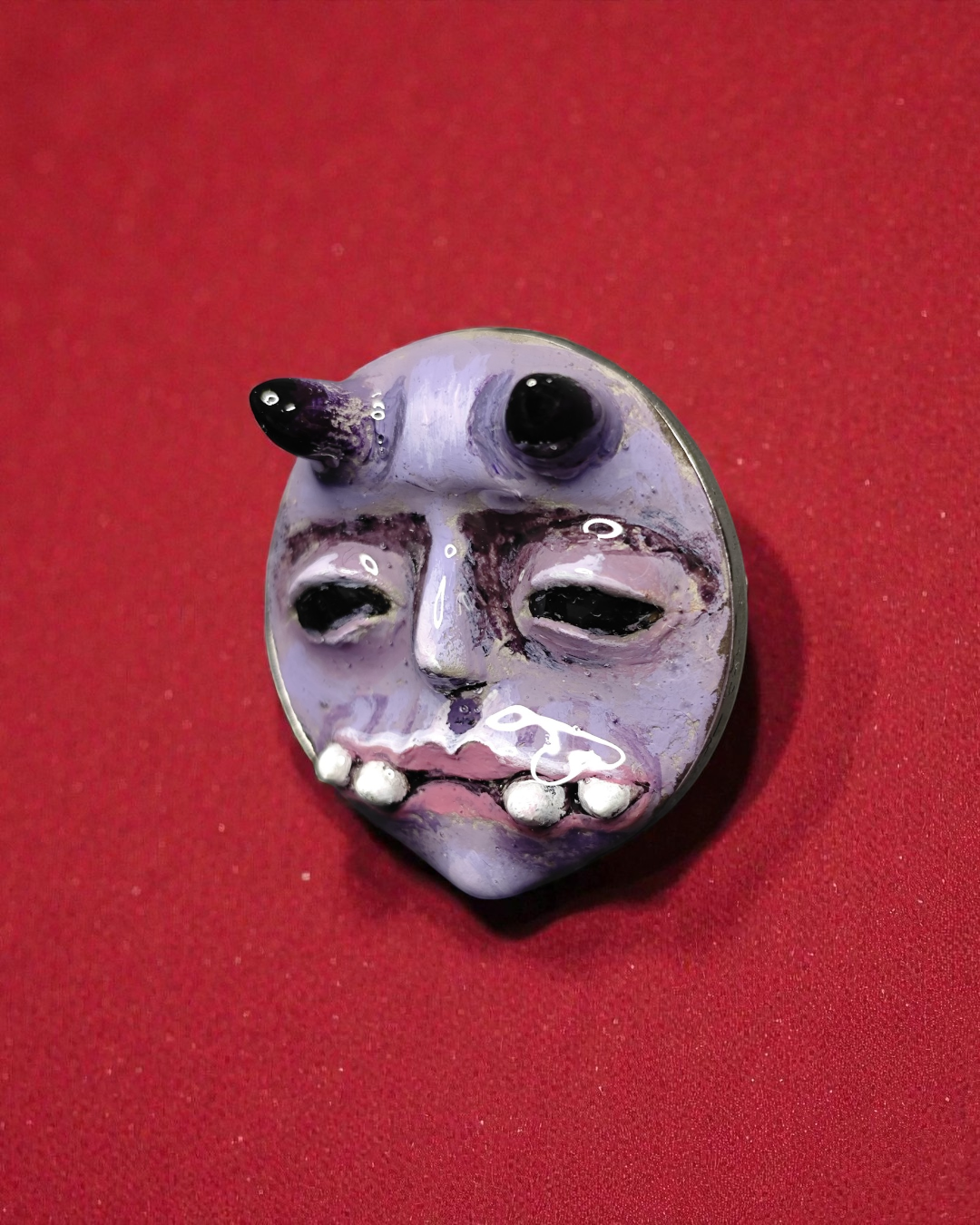 Purple Horned Monster Pin Button – Handmade Clay & Resin Surreal Wearable Art with Stainless Steel Pin Back