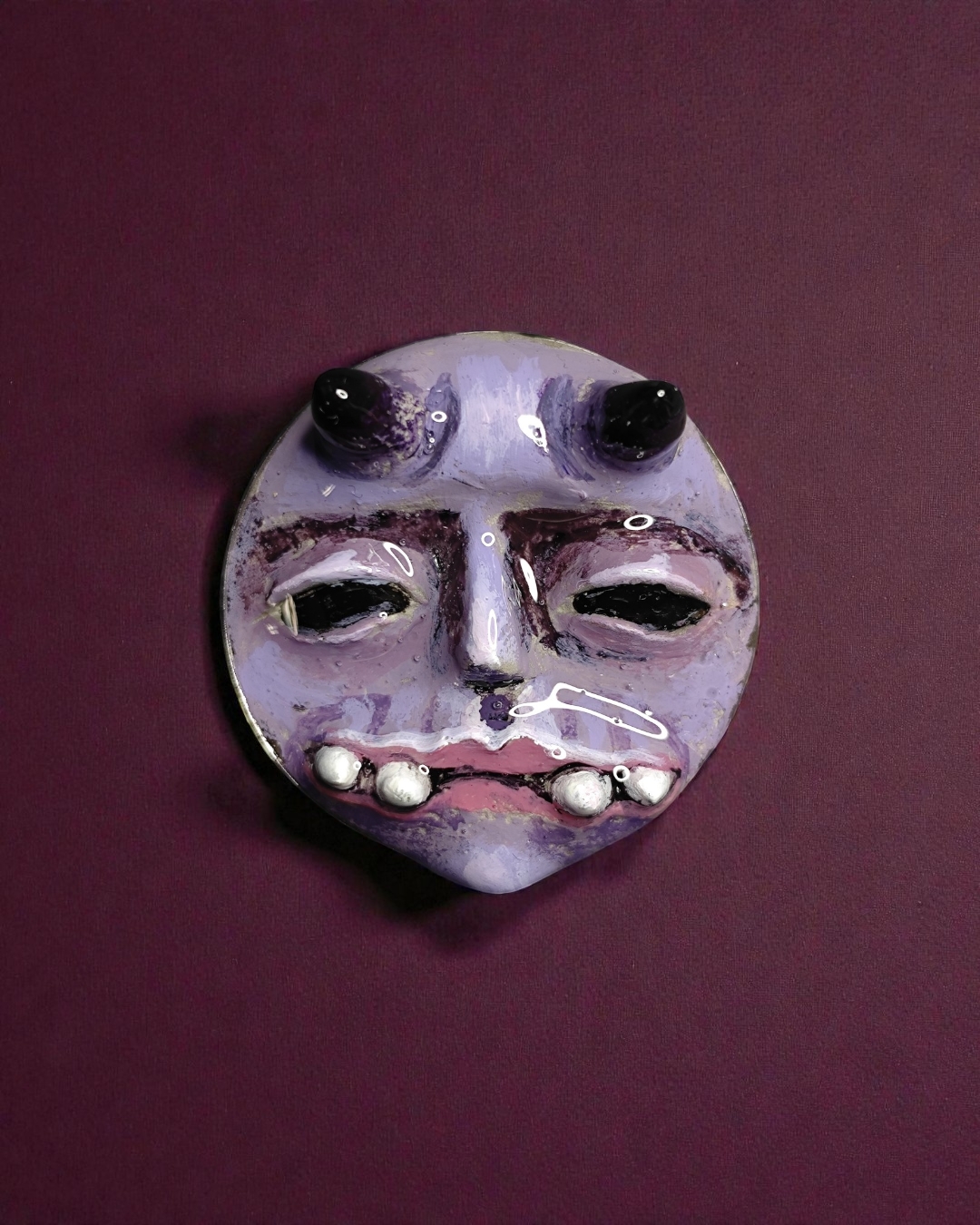 Purple Horned Monster Pin Button – Handmade Clay & Resin Surreal Wearable Art with Stainless Steel Pin Back