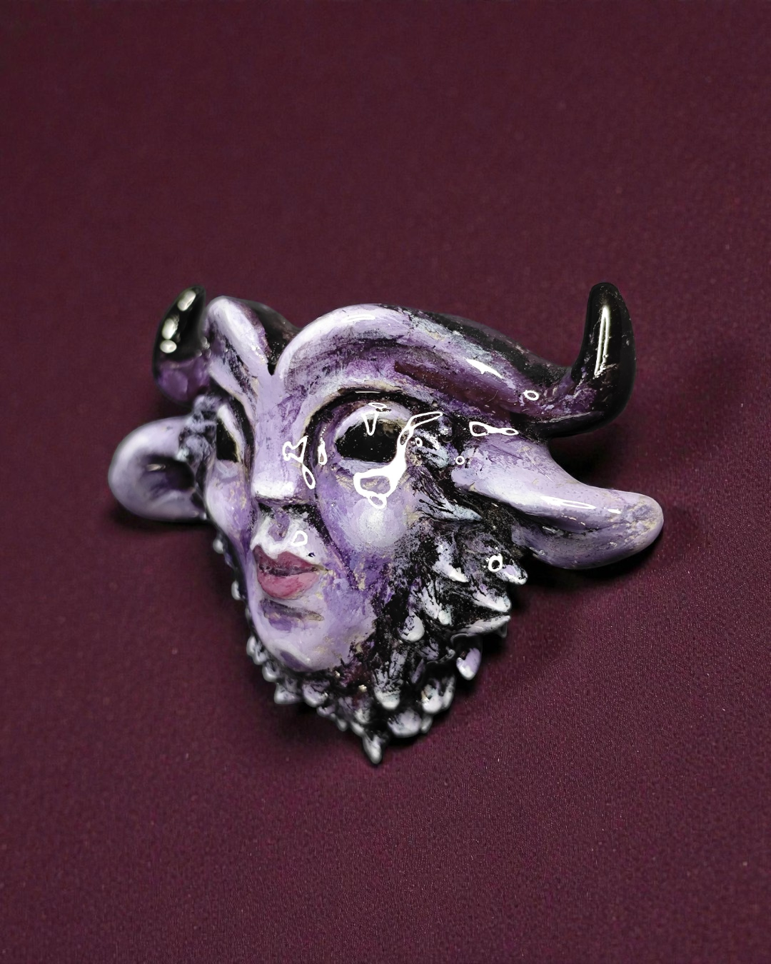 Purple Mystical Creature Pin Button – Handmade Clay & Resin Surreal Wearable Art with Stainless Steel Pin Back