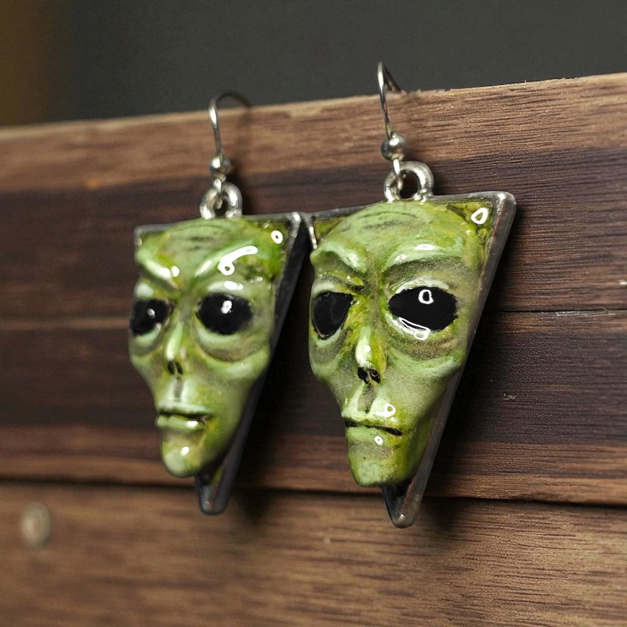 Alien Glow Earrings – Handmade Clay & Resin Surreal Statement Jewelry, Fantasy Sculptural Wearable Art with Zinc Alloy Hooks OOAK
