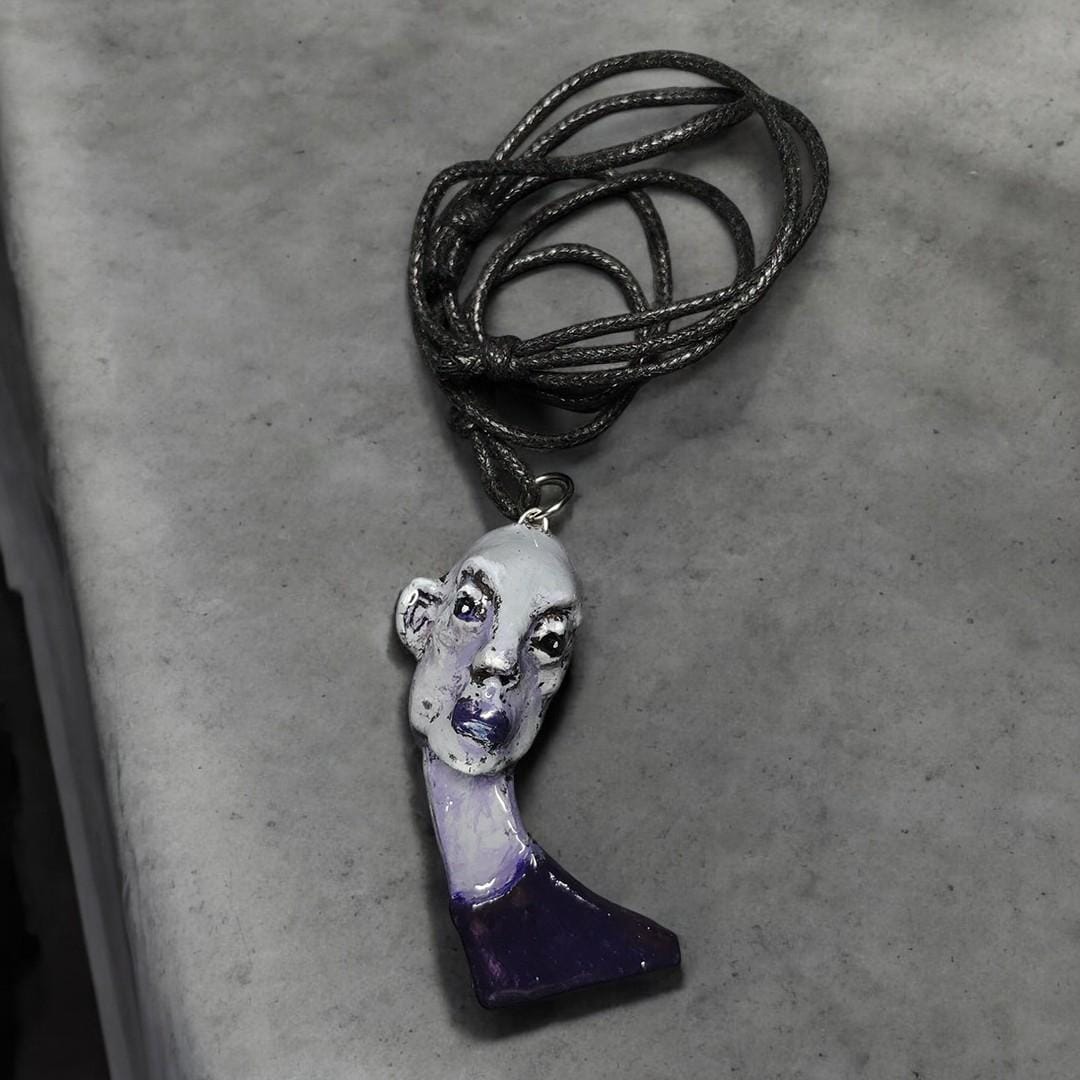 Bald Girl Necklace – Handmade Clay & Resin Surreal Statement Jewelry, Sculptural Artistic Wearable Art OOAK