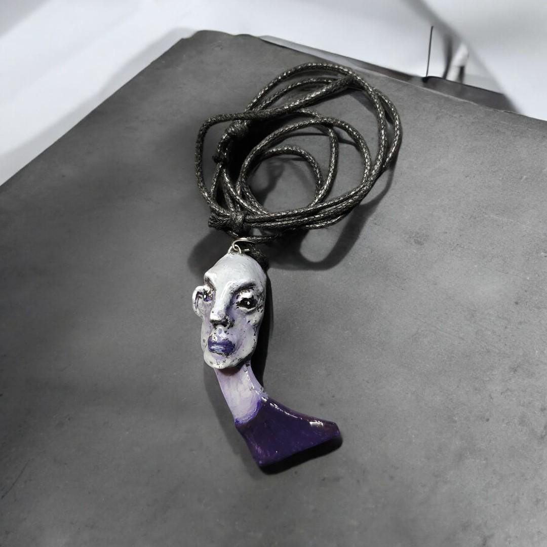 Bald Girl Necklace – Handmade Clay & Resin Surreal Statement Jewelry, Sculptural Artistic Wearable Art OOAK