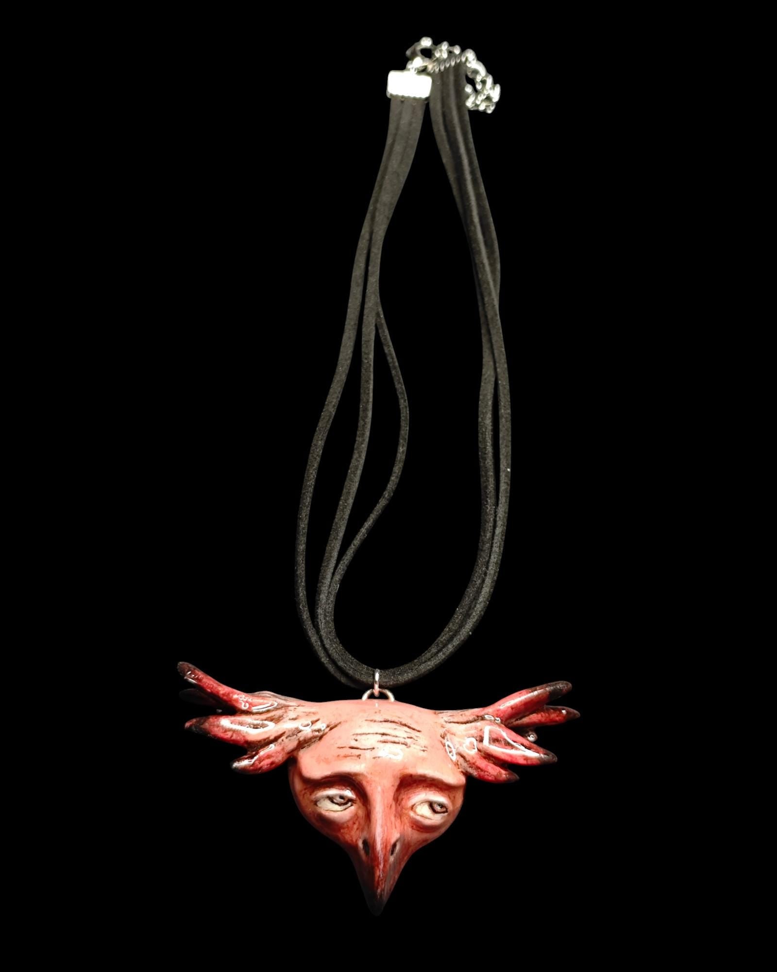 Bird Chimera Necklace – Handmade Clay & Resin Surreal Statement Jewelry, Sculptural Wearable Art OOAK