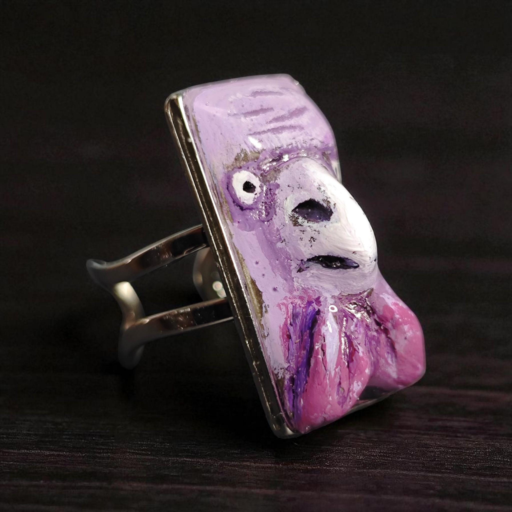 Bird Form Ring – Handmade Clay Surreal Statement Jewelry, Sculptural Animal-Inspired Wearable Art on Adjustable Stainless Steel Band OOAK