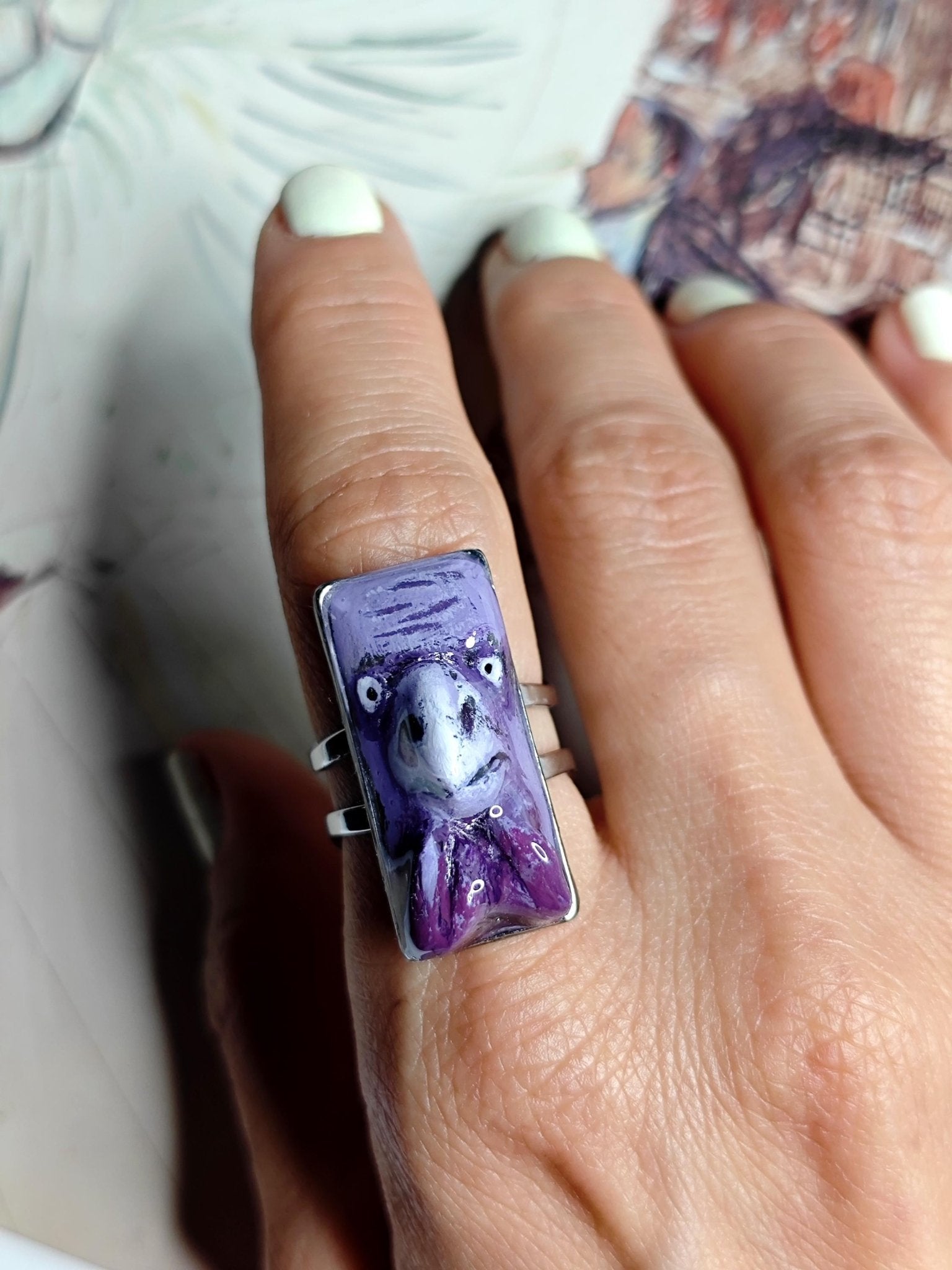 Bird Form Ring – Handmade Clay Surreal Statement Jewelry, Sculptural Animal-Inspired Wearable Art on Adjustable Stainless Steel Band OOAK