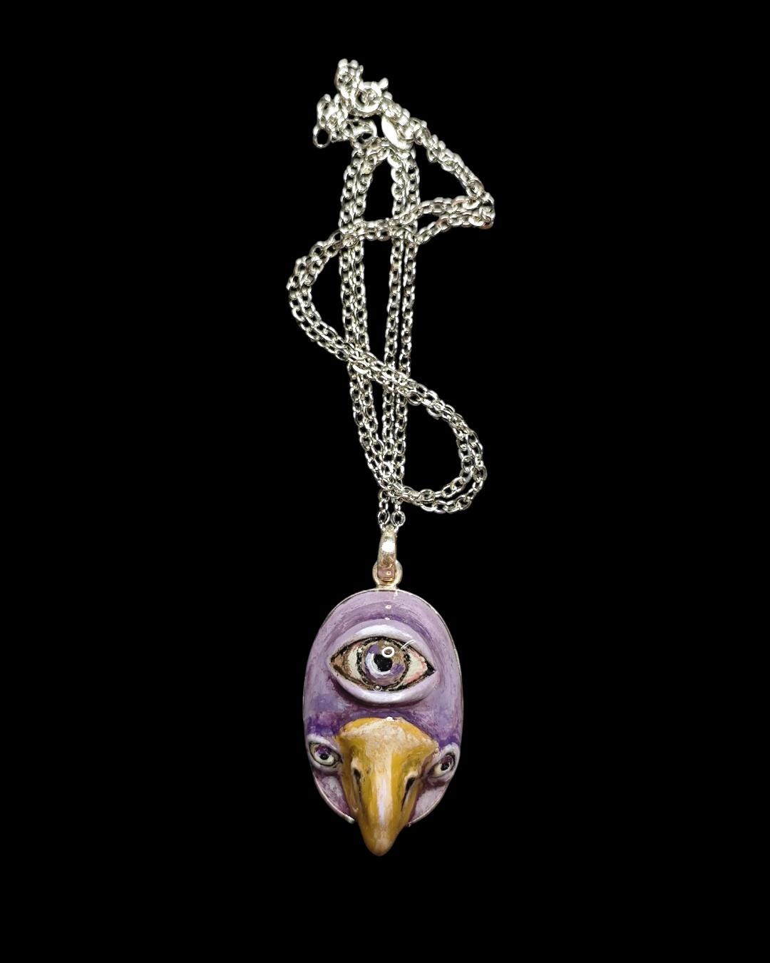 Bird with Third Eye Necklace – Handmade Clay & Resin Surreal Statement Jewelry, Sculptural Fantasy Wearable Art with Sterling Silver Chain /