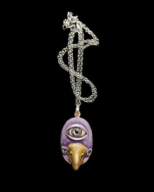 Bird with Third Eye Necklace – Handmade Clay & Resin Surreal Statement Jewelry, Sculptural Fantasy Wearable Art with Sterling Silver Chain /