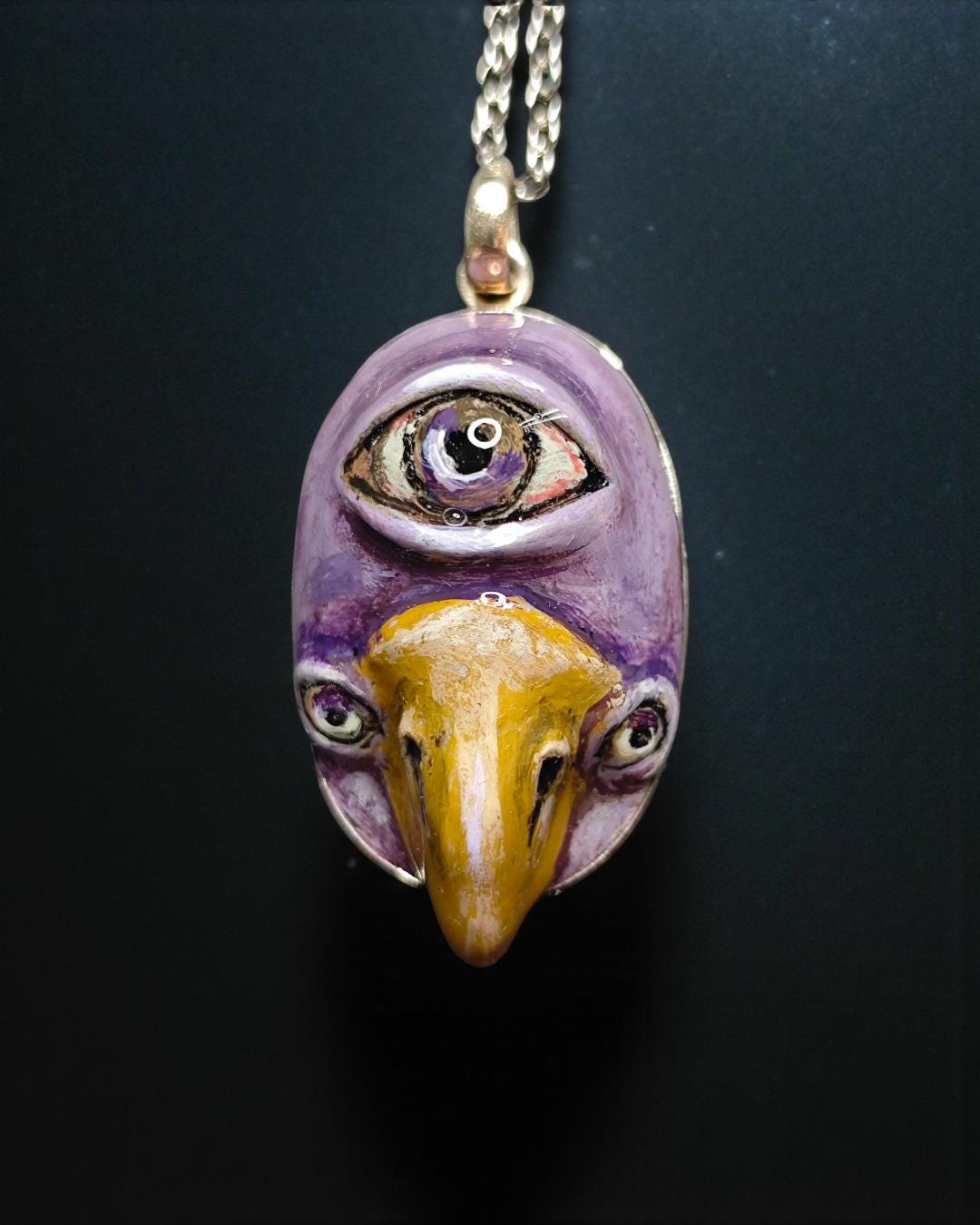Bird with Third Eye Necklace – Handmade Clay & Resin Surreal Statement Jewelry, Sculptural Fantasy Wearable Art with Sterling Silver Chain /