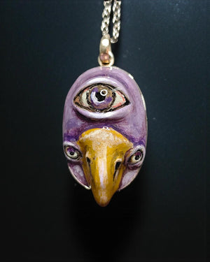 Bird with Third Eye Necklace – Handmade Clay & Resin Surreal Statement Jewelry, Sculptural Fantasy Wearable Art with Sterling Silver Chain /