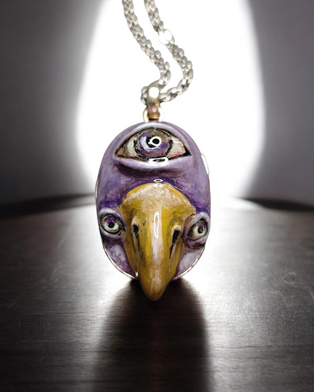 Bird with Third Eye Necklace – Handmade Clay & Resin Surreal Statement Jewelry, Sculptural Fantasy Wearable Art with Sterling Silver Chain /