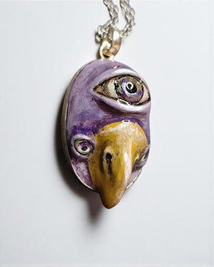 Bird with Third Eye Necklace – Handmade Clay & Resin Surreal Statement Jewelry, Sculptural Fantasy Wearable Art with Sterling Silver Chain /