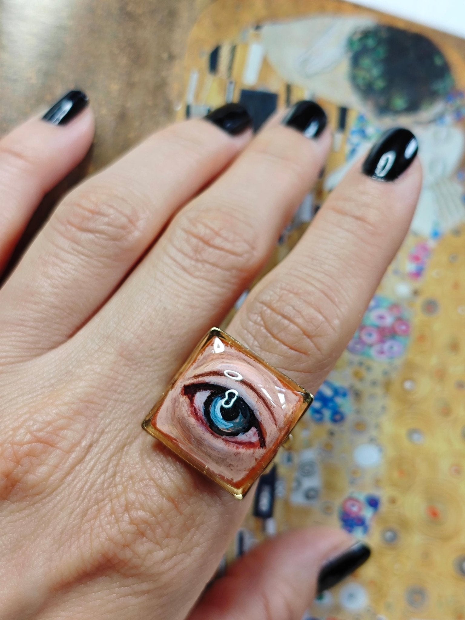 Blue Pupil Eye Ring – Handmade Clay & Resin Surreal Statement Jewelry, Sculptural Fantasy Wearable Art with Adjustable Stainless Steel Band