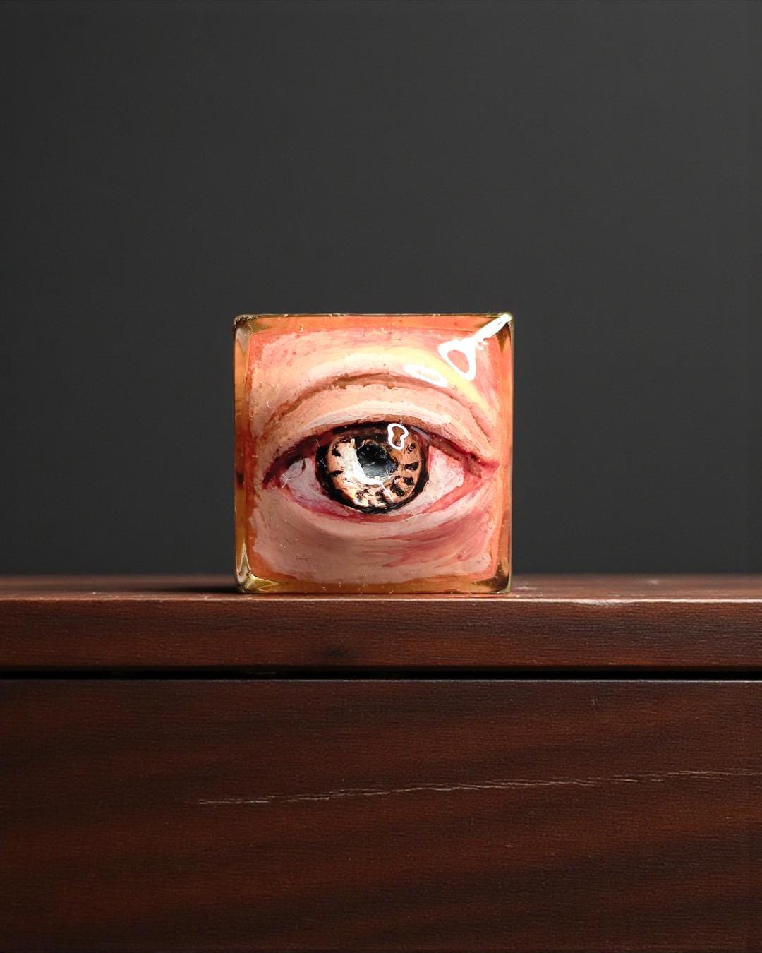 Brown Pupil Eye Ring – Handmade Clay & Resin Surreal Statement Jewelry, Sculptural Fantasy Wearable Art with Adjustable Stainless Steel Band