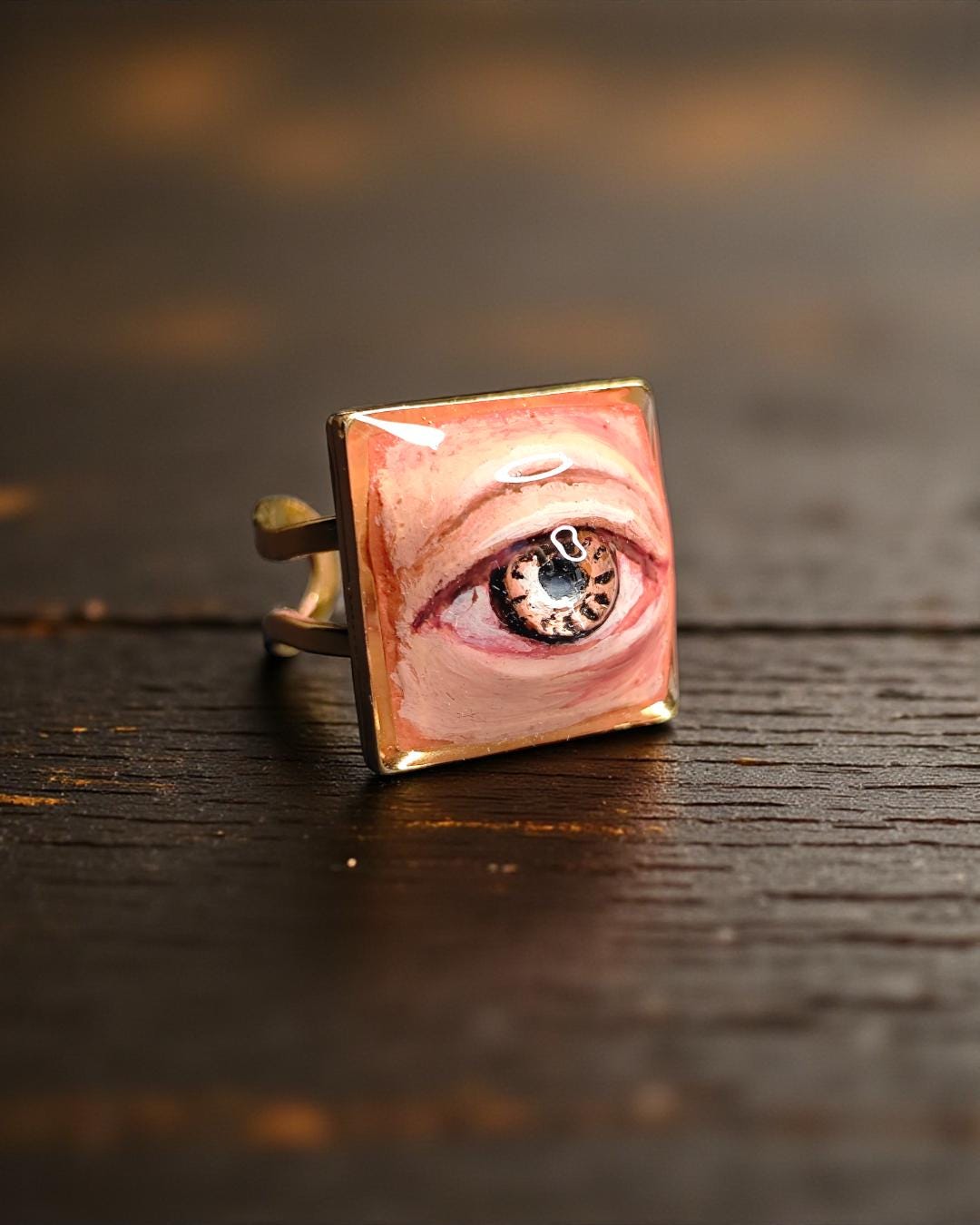 Brown Pupil Eye Ring – Handmade Clay & Resin Surreal Statement Jewelry, Sculptural Fantasy Wearable Art with Adjustable Stainless Steel Band