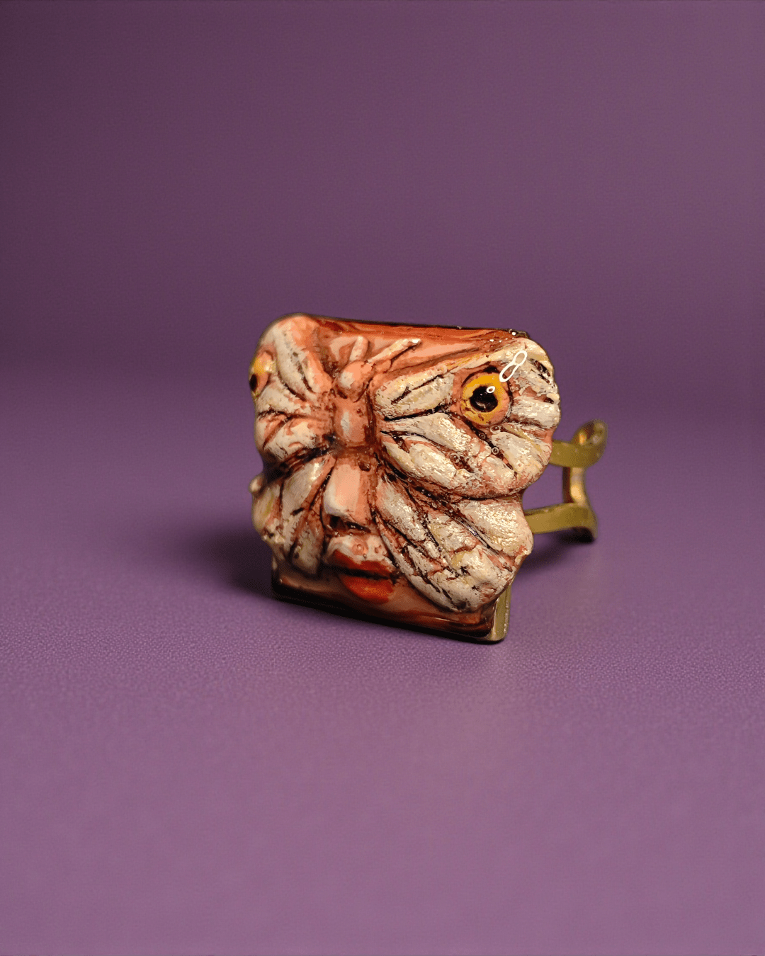 Butterfly Face Ring – Handmade Clay & Resin Surreal Statement Jewelry with Adjustable Stainless Steel Band - SAMA