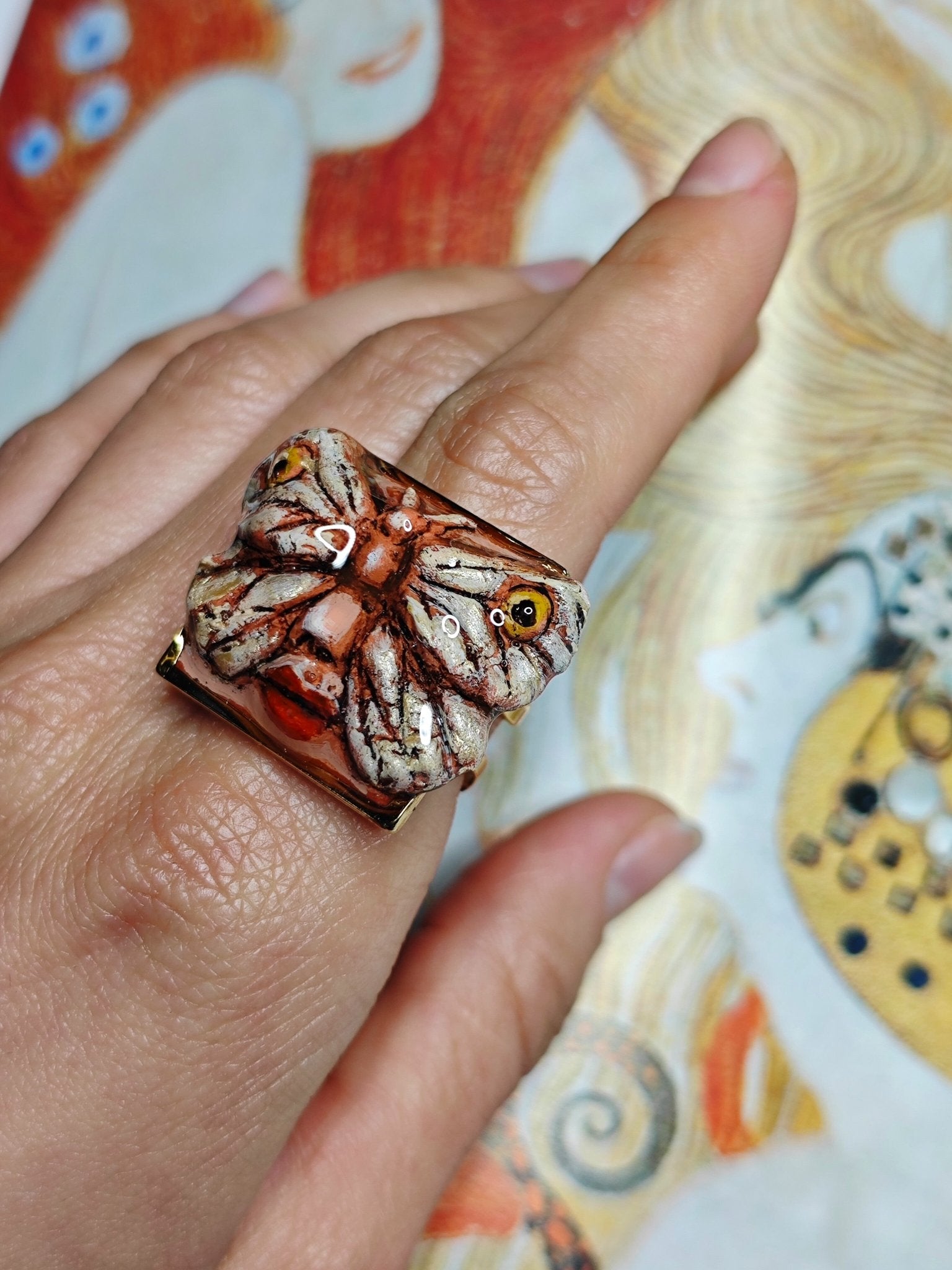 Butterfly Face Ring – Handmade Clay & Resin Surreal Statement Jewelry with Adjustable Stainless Steel Band - SAMA