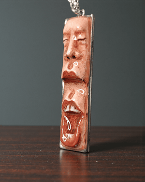 Closing Eyes Shouting Necklace – Handmade Clay & Resin Surreal Statement Jewelry, Sculptural Fantasy Wearable Art with Stainless Steel Chain / Pendant - SAMA