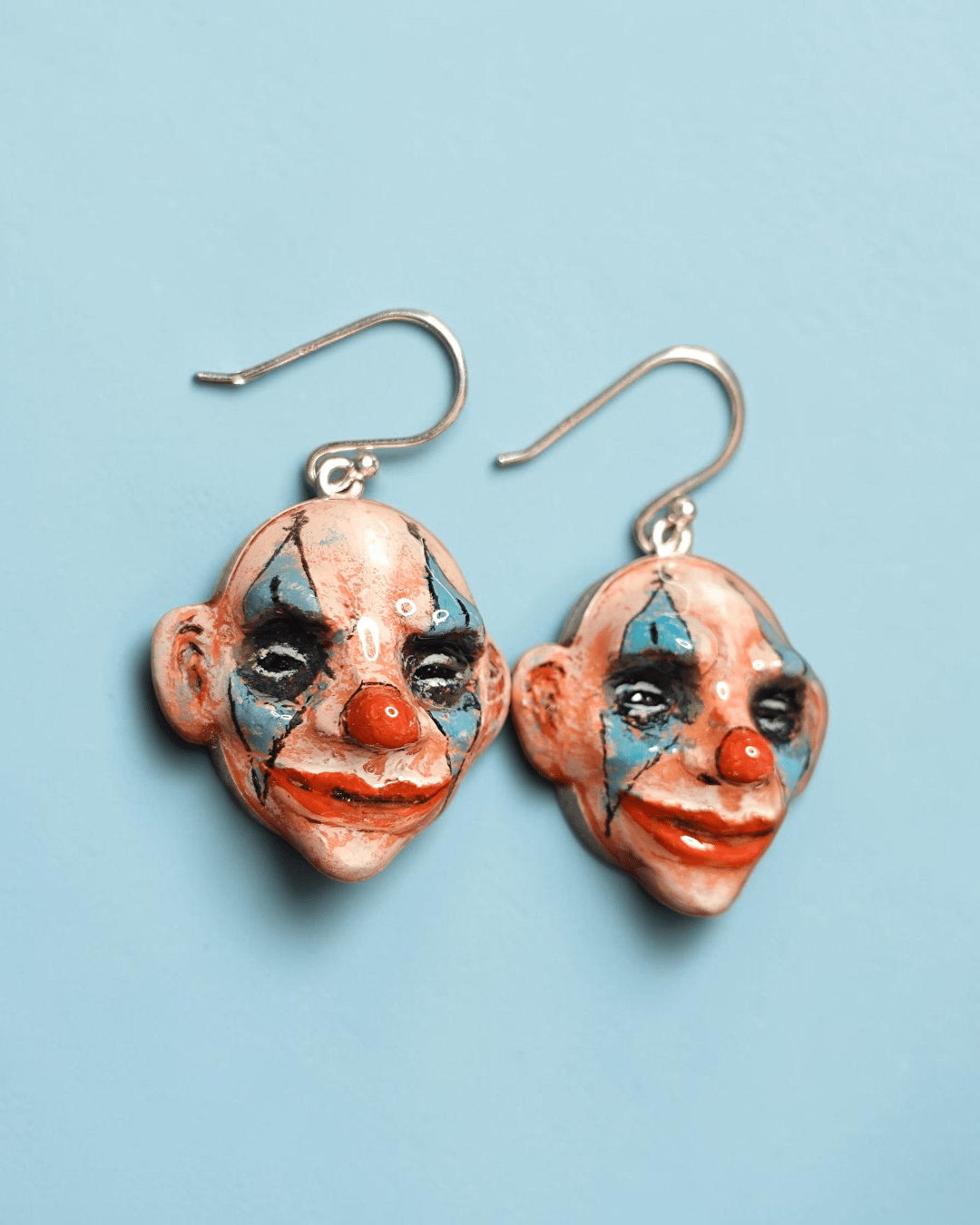 Clown Earrings – Handmade Clay & Resin Surreal Statement Jewelry, Sculptural Wearable Art with Sterling Silver S925 Hooks - SAMA