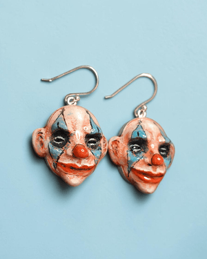 Clown Earrings – Handmade Clay & Resin Surreal Statement Jewelry, Sculptural Wearable Art with Sterling Silver S925 Hooks - SAMA