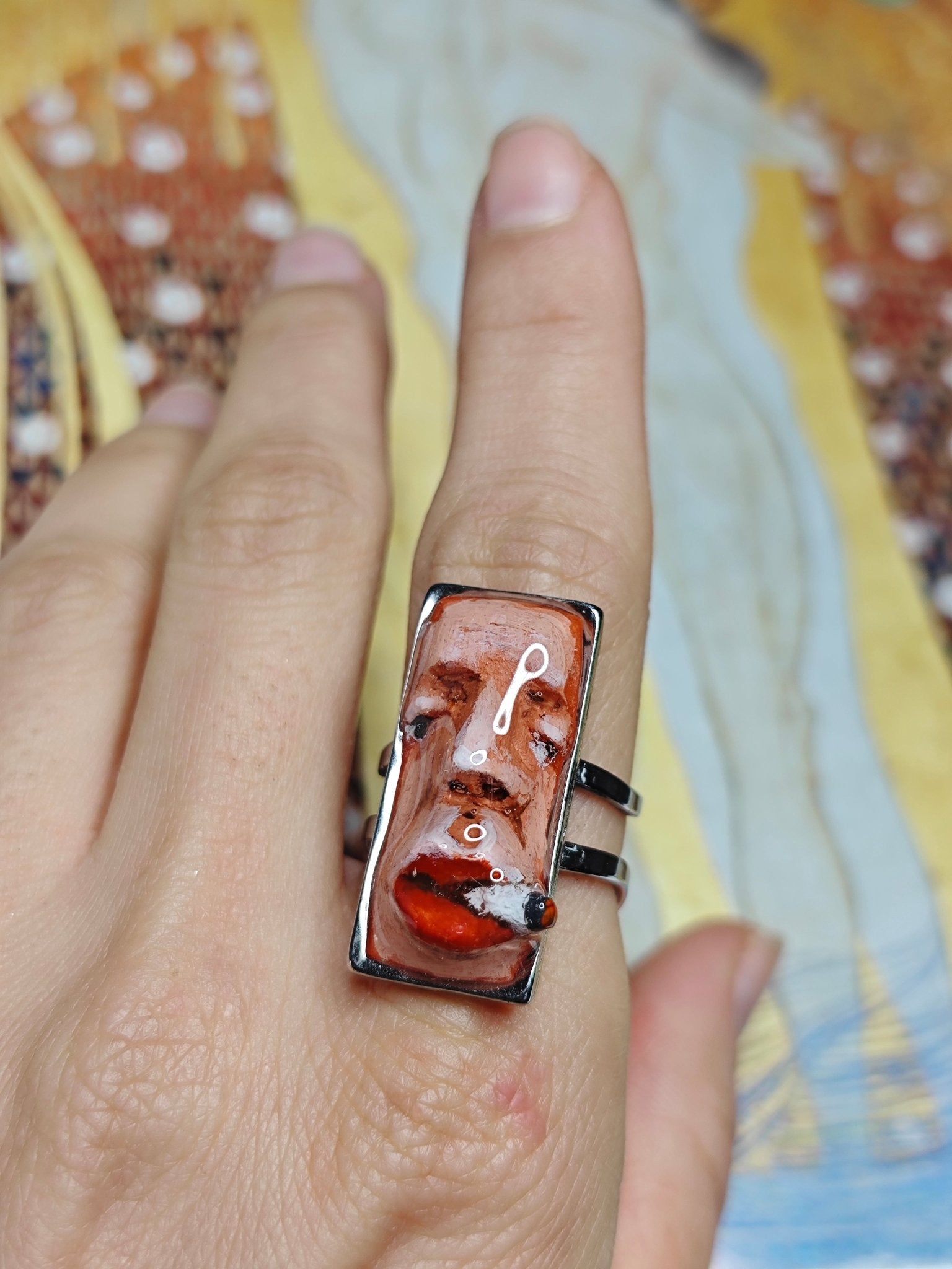 Complete Face Smoking Cigar Ring – Handmade Clay & Resin Surreal Statement Jewelry, Sculptural Wearable Art with Adjustable Stainless Steel Band - SAMA